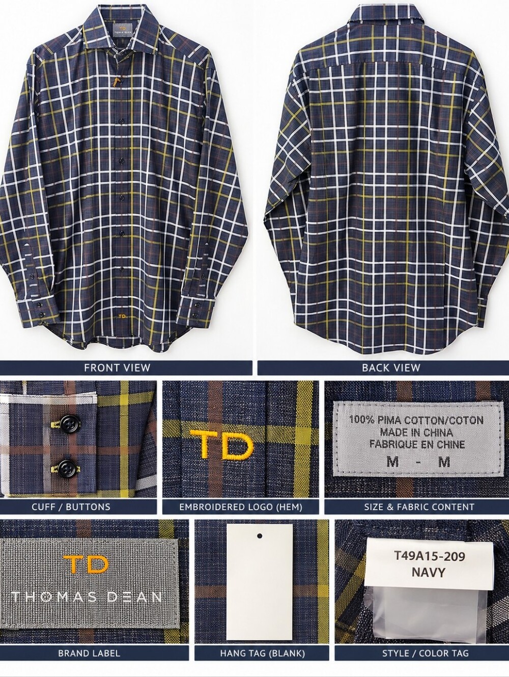 Thomas Dean Navy Plaid Button-Down Shirt with Yellow Windowpane
